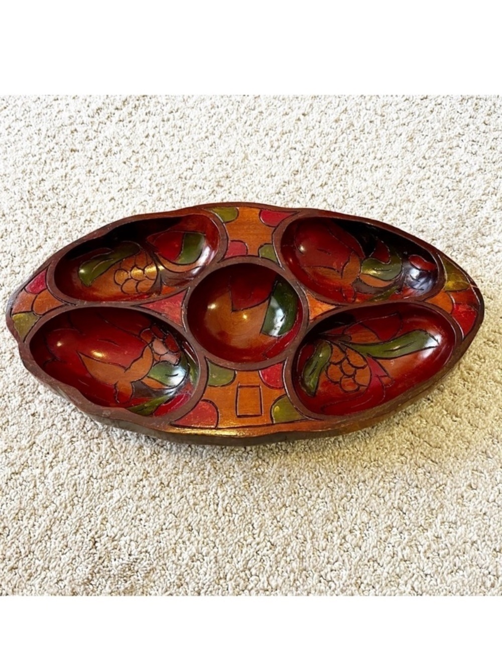 Vintage Mid Century Wooden Serving Bowl Snack Platter Boho Exotic Divided Carved